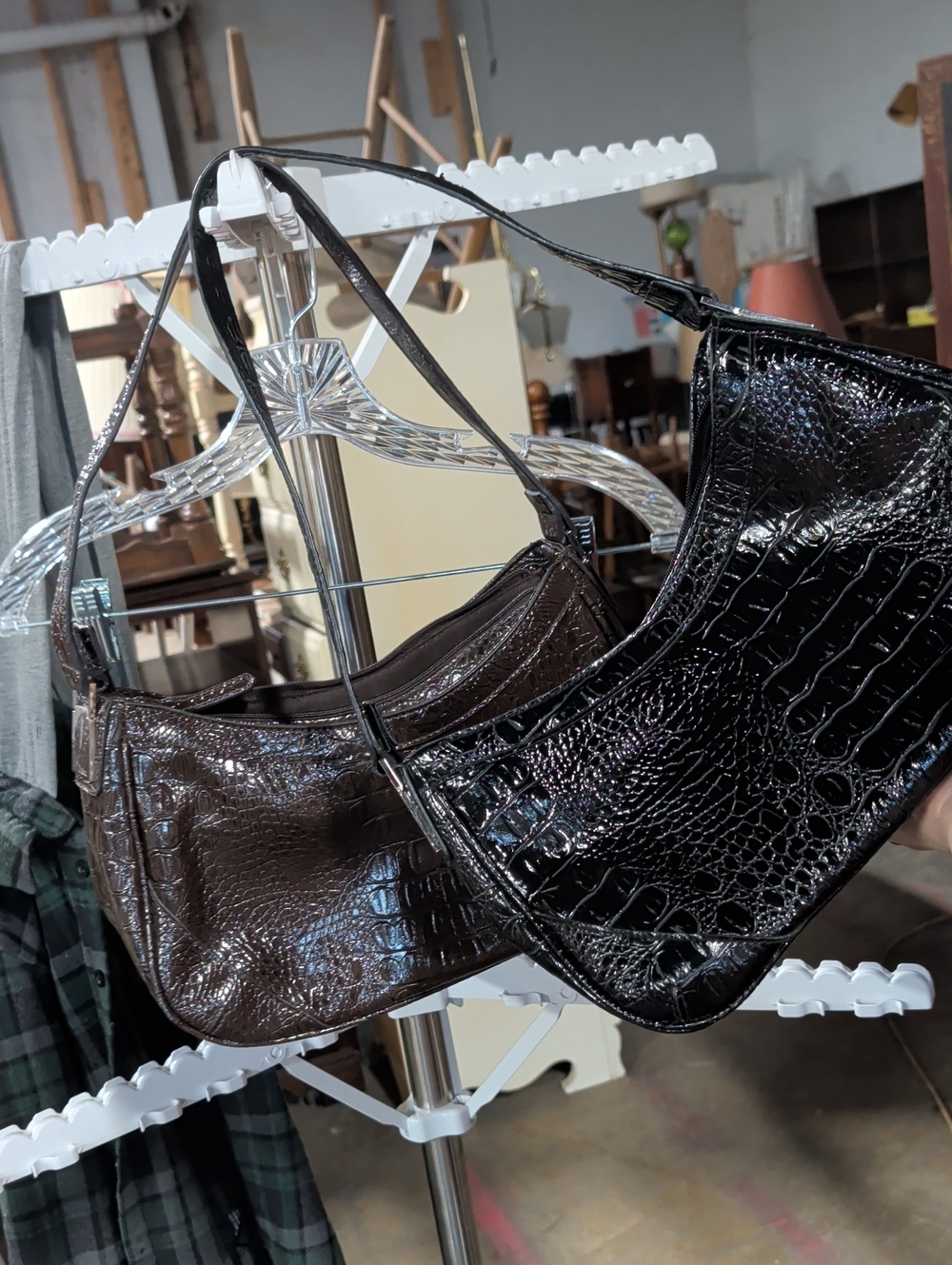 Y2K Liz & Co Croc-Embossed Shoulder Bags - Black and Dark Brown